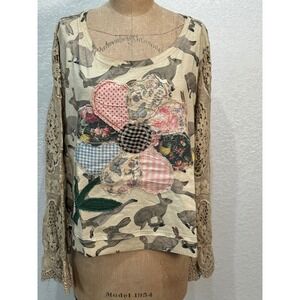 A Rare Bird Women OS Rabbit Print Lace Sleeve Patchwork Flower Top Tan Boho NWT